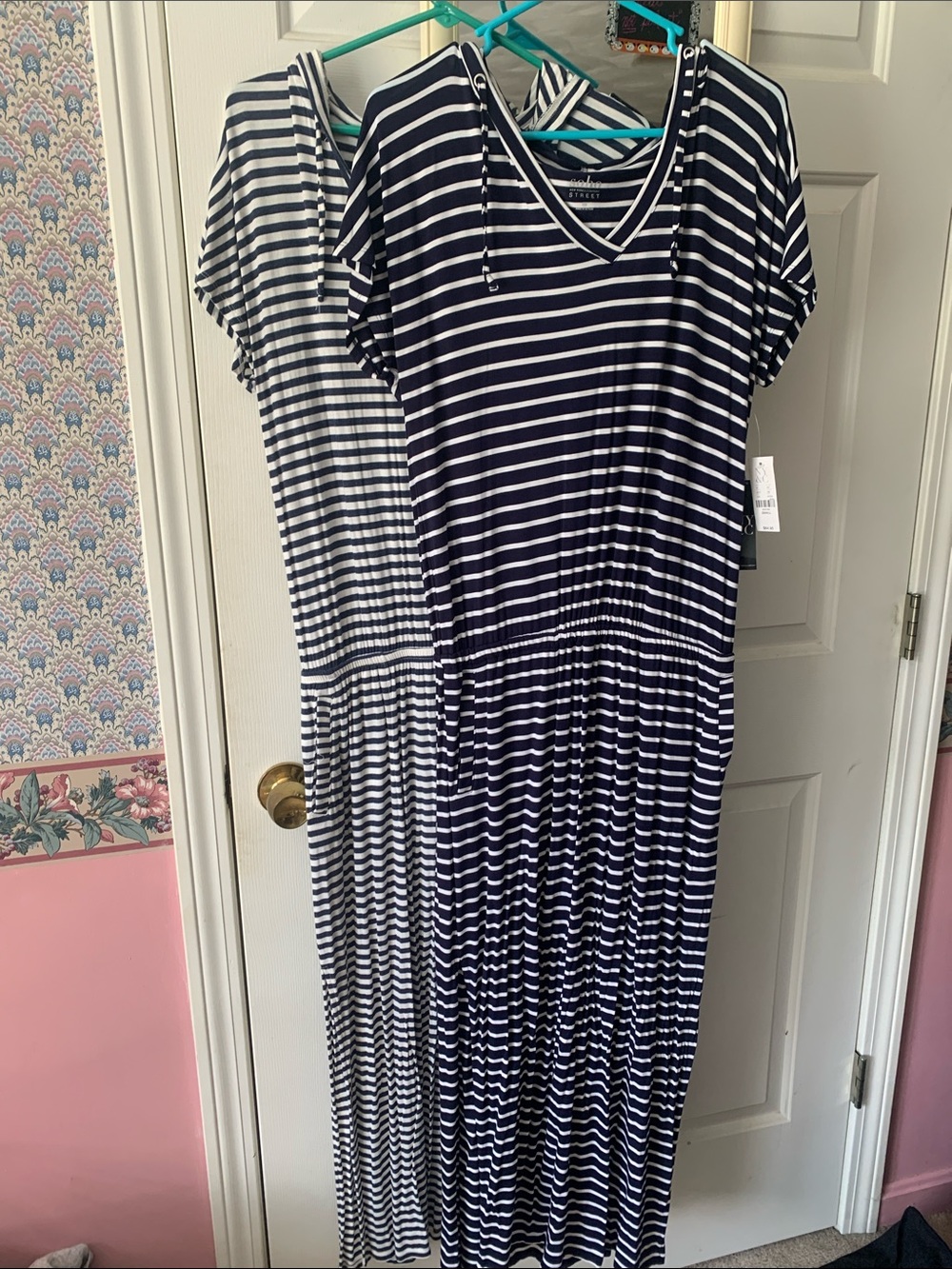 New York & Company Navy and White Striped V-Neck Maxi Dress (two)